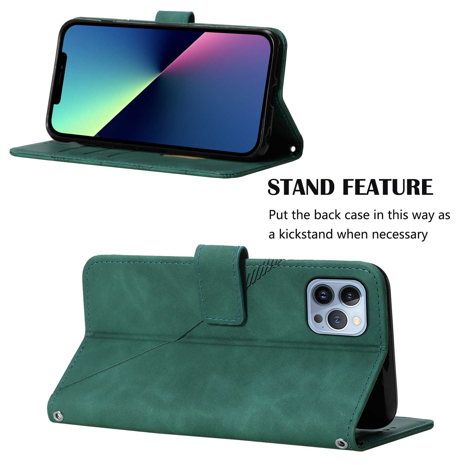 YB Imprinting Series-1 for iPhone 15 Pro Wallet Stand Leather Phone Cover Imprinted Phone Case with Hand Strap - Blackish Green