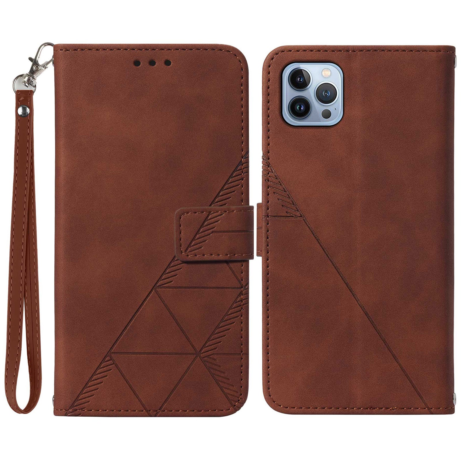 YB Imprinting Series-1 for iPhone 15 Pro Wallet Stand Leather Phone Cover Imprinted Phone Case with Hand Strap - Brown