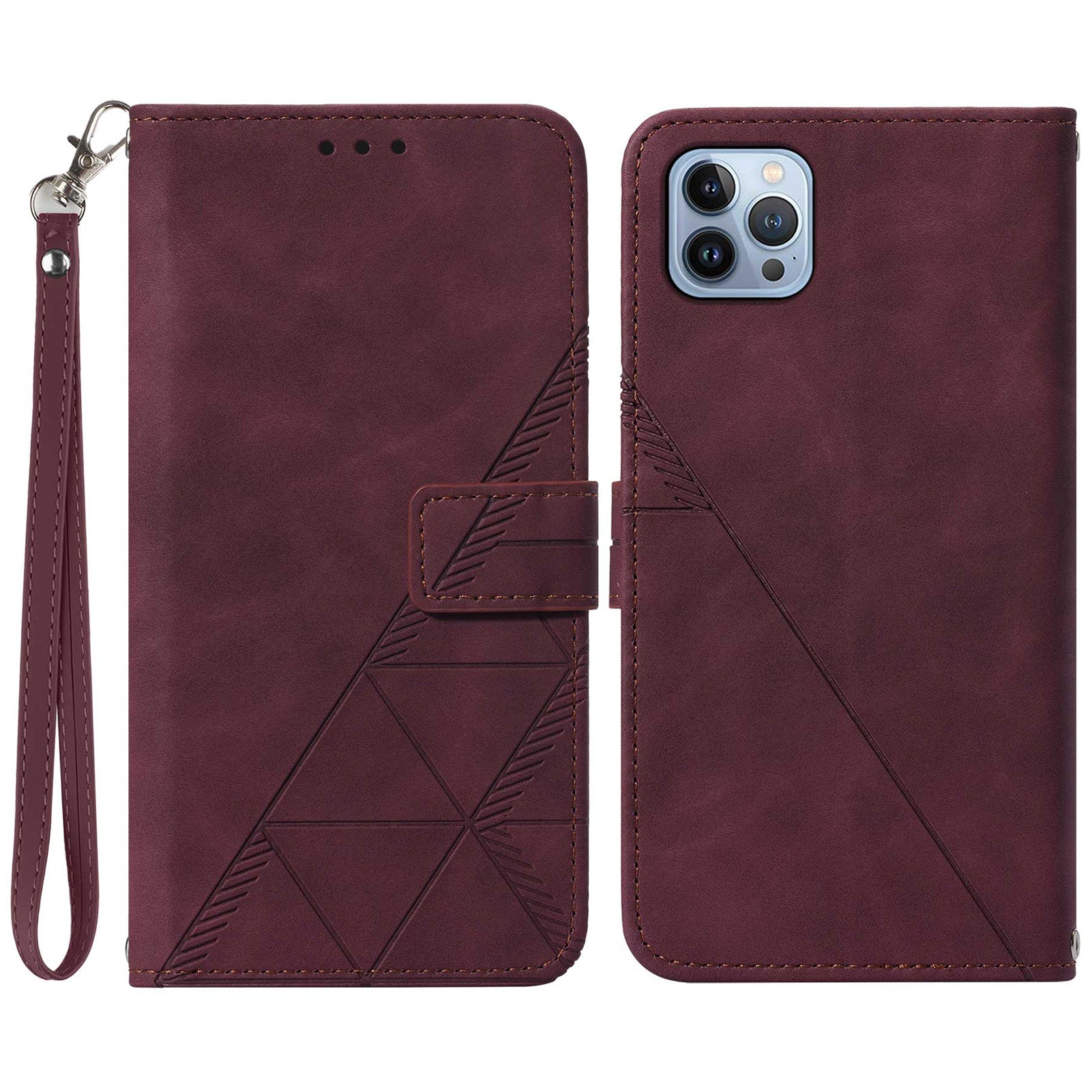 YB Imprinting Series-1 for iPhone 15 Pro Wallet Stand Leather Phone Cover Imprinted Phone Case with Hand Strap - Wine Red