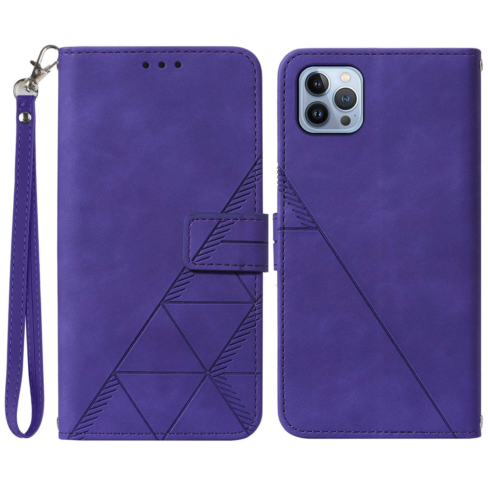 YB Imprinting Series-1 for iPhone 15 Pro Wallet Stand Leather Phone Cover Imprinted Phone Case with Hand Strap - Purple