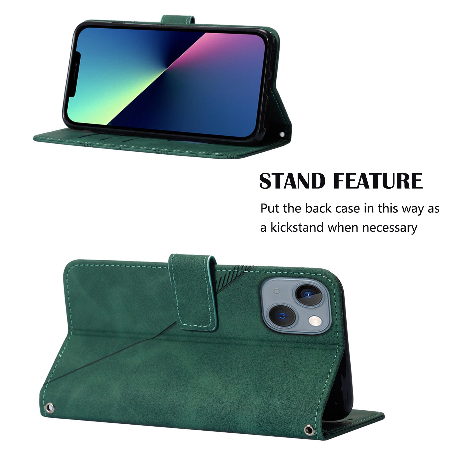 YB Imprinting Series-1 for iPhone 15 PU Leather Phone Case Imprinted Wallet Stand Cover with Hand Strap - Blackish Green