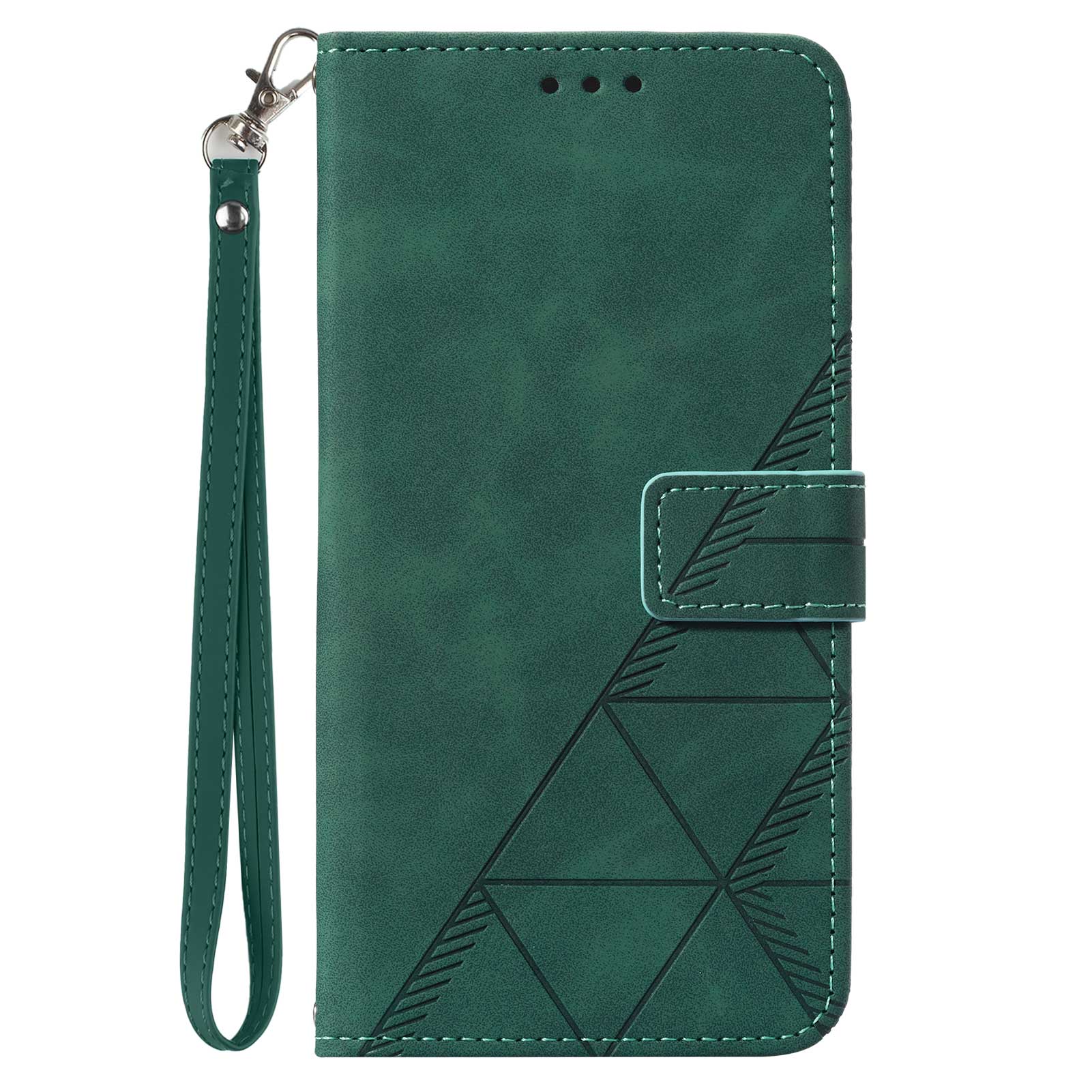 YB Imprinting Series-1 for iPhone 15 PU Leather Phone Case Imprinted Wallet Stand Cover with Hand Strap - Blackish Green