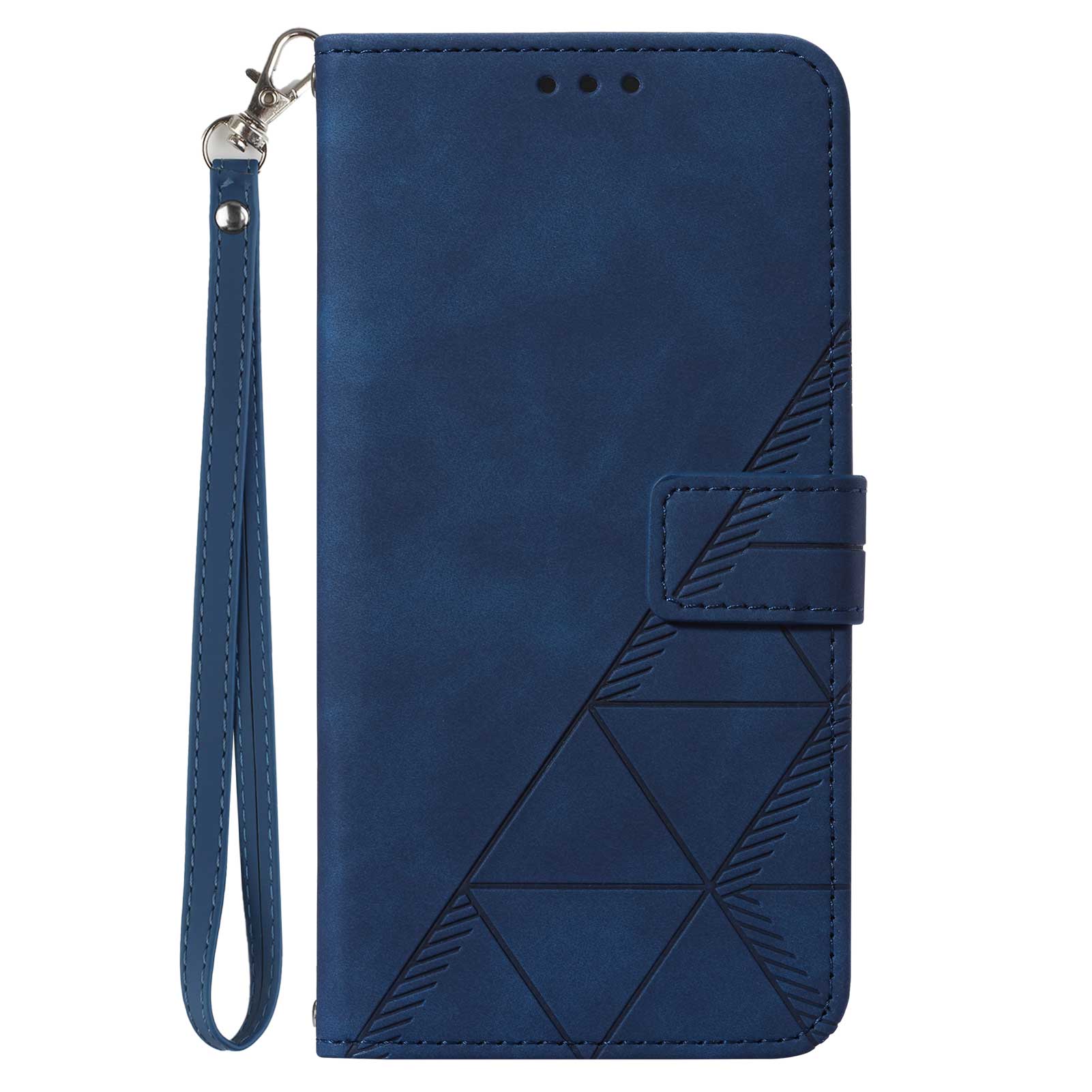 YB Imprinting Series-1 for iPhone 15 PU Leather Phone Case Imprinted Wallet Stand Cover with Hand Strap - Sapphire