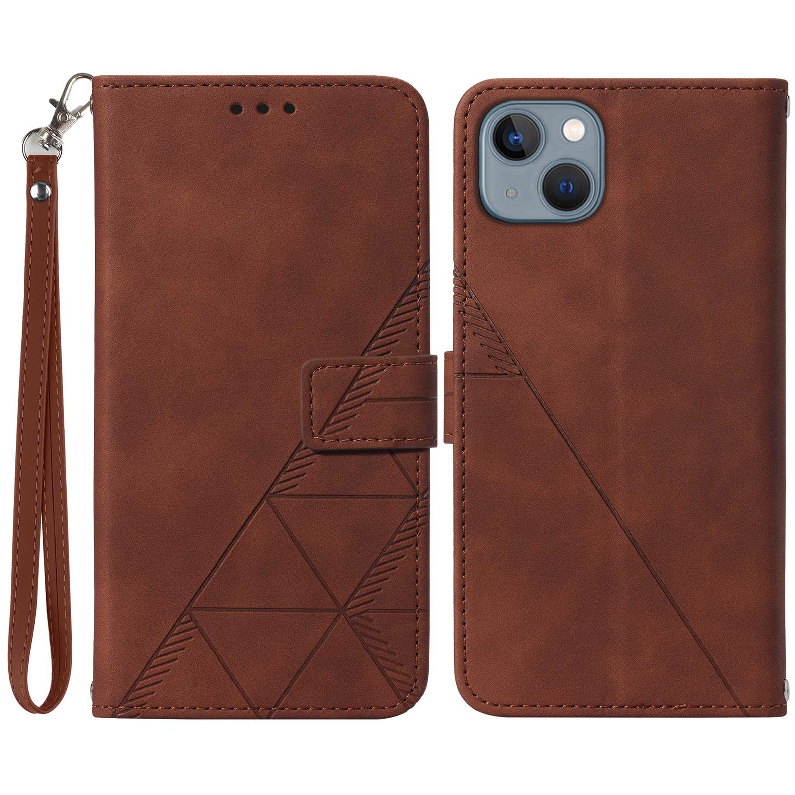 YB Imprinting Series-1 for iPhone 15 PU Leather Phone Case Imprinted Wallet Stand Cover with Hand Strap - Brown