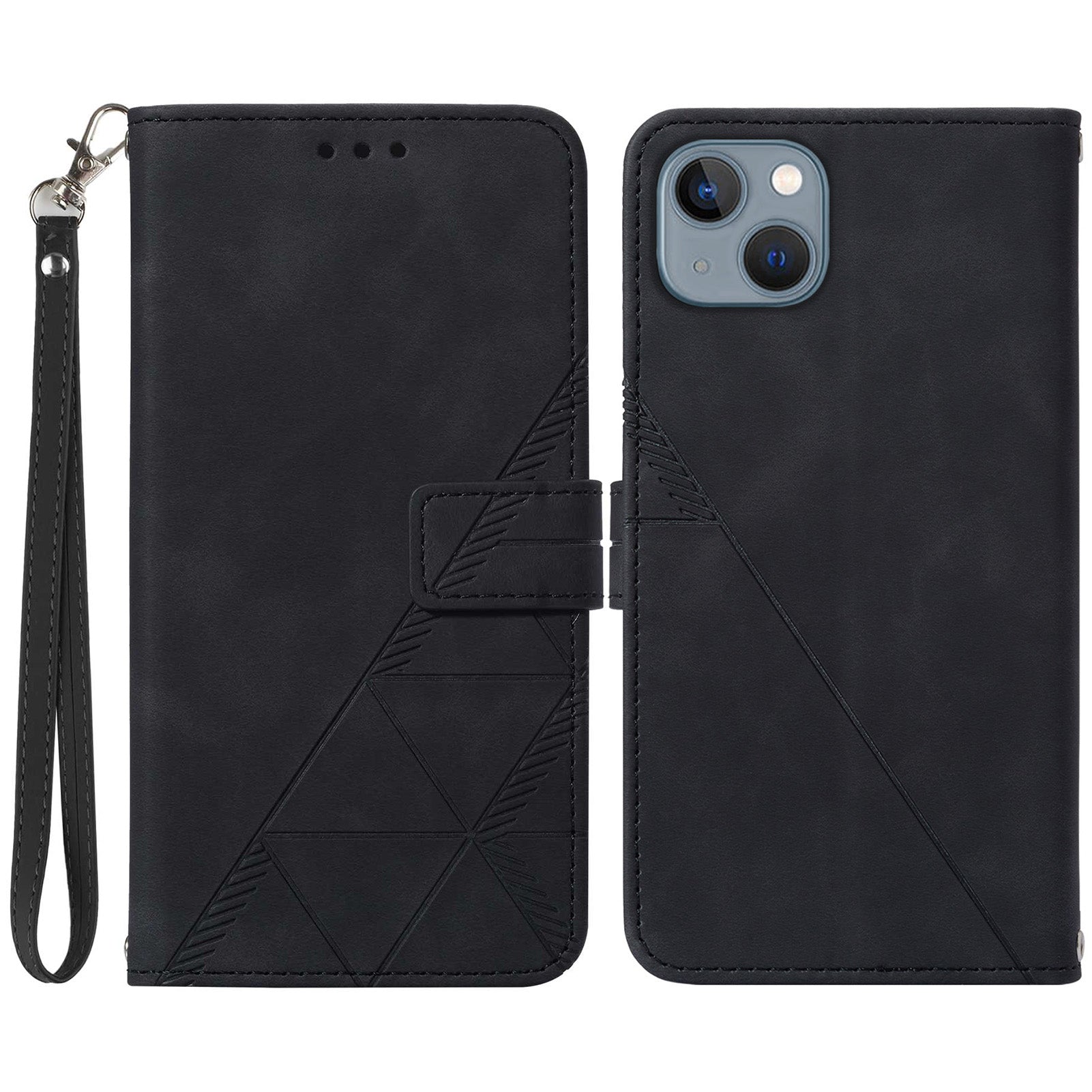 YB Imprinting Series-1 for iPhone 15 PU Leather Phone Case Imprinted Wallet Stand Cover with Hand Strap - Black