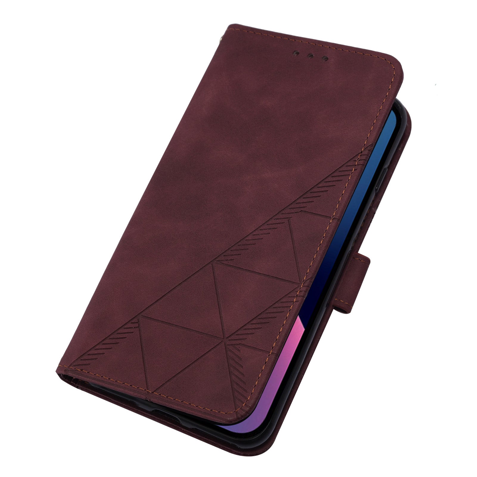 YB Imprinting Series-1 for iPhone 15 PU Leather Phone Case Imprinted Wallet Stand Cover with Hand Strap - Wine Red