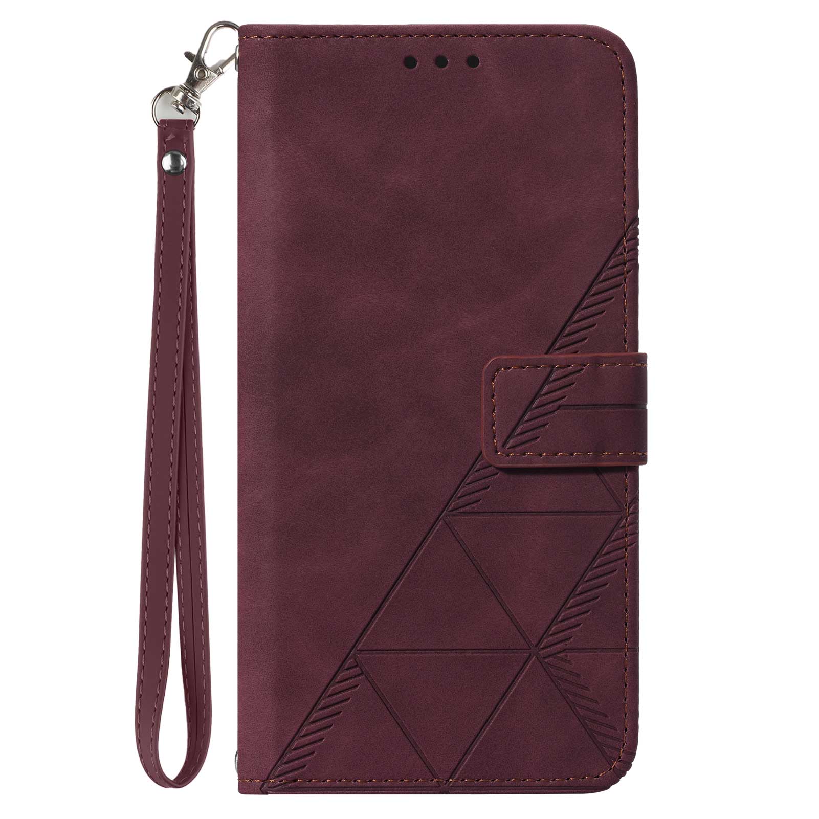 YB Imprinting Series-1 for iPhone 15 PU Leather Phone Case Imprinted Wallet Stand Cover with Hand Strap - Wine Red