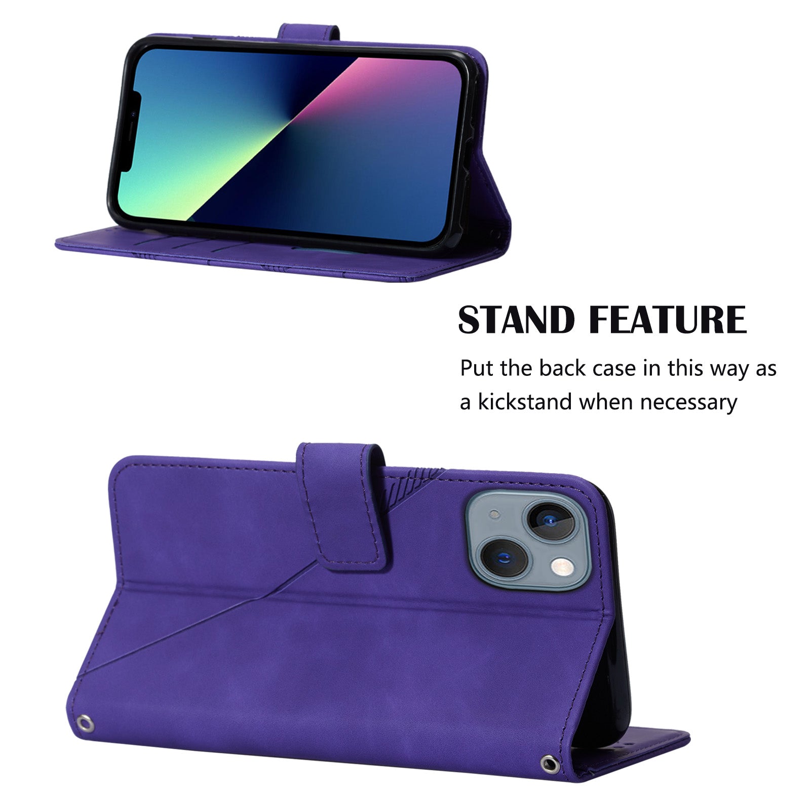 YB Imprinting Series-1 for iPhone 15 PU Leather Phone Case Imprinted Wallet Stand Cover with Hand Strap - Purple