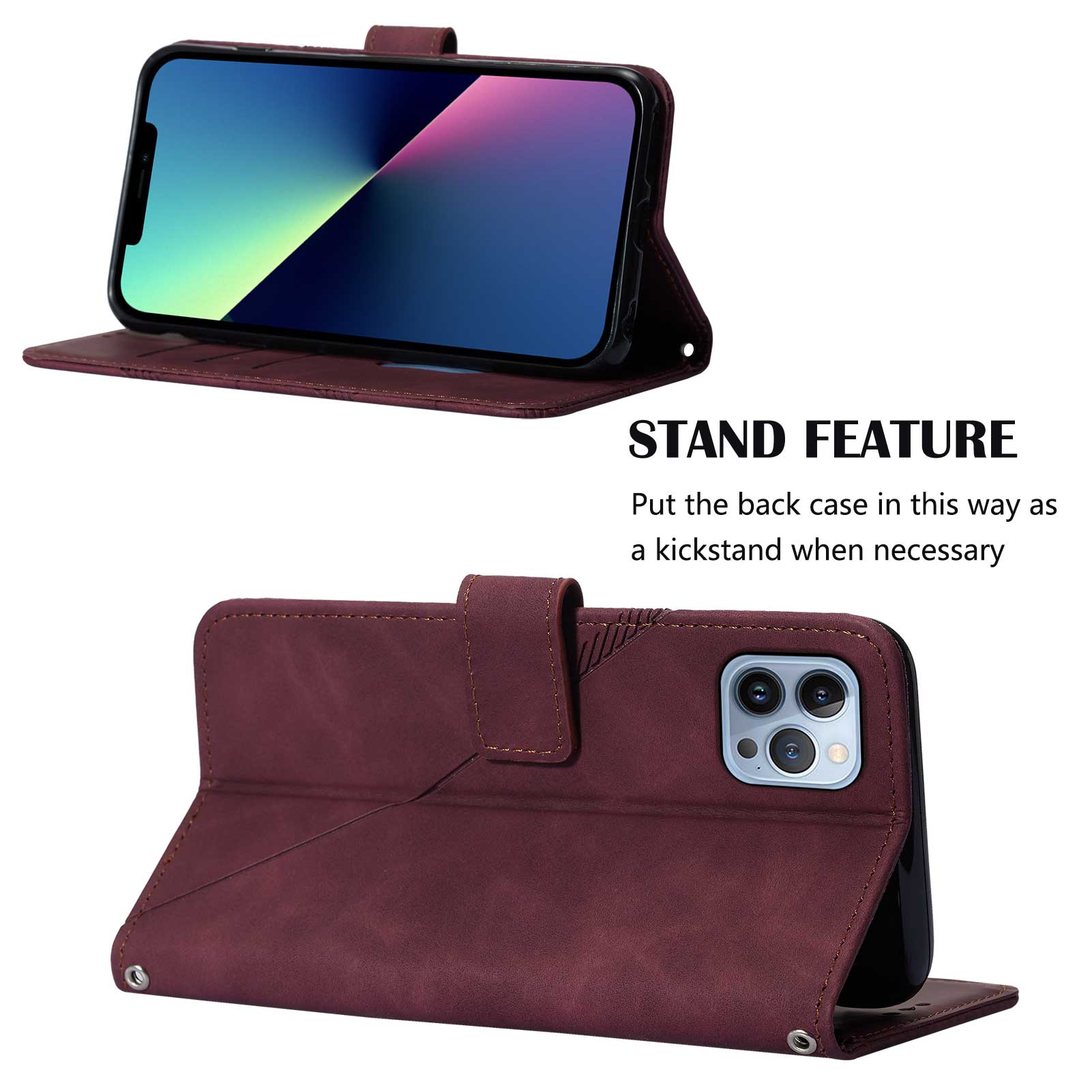 YB Imprinting Series-1 for iPhone 15 Pro Max PU Leather Phone Wallet Case Stand Imprinted Cover with Hand Strap - Wine Red