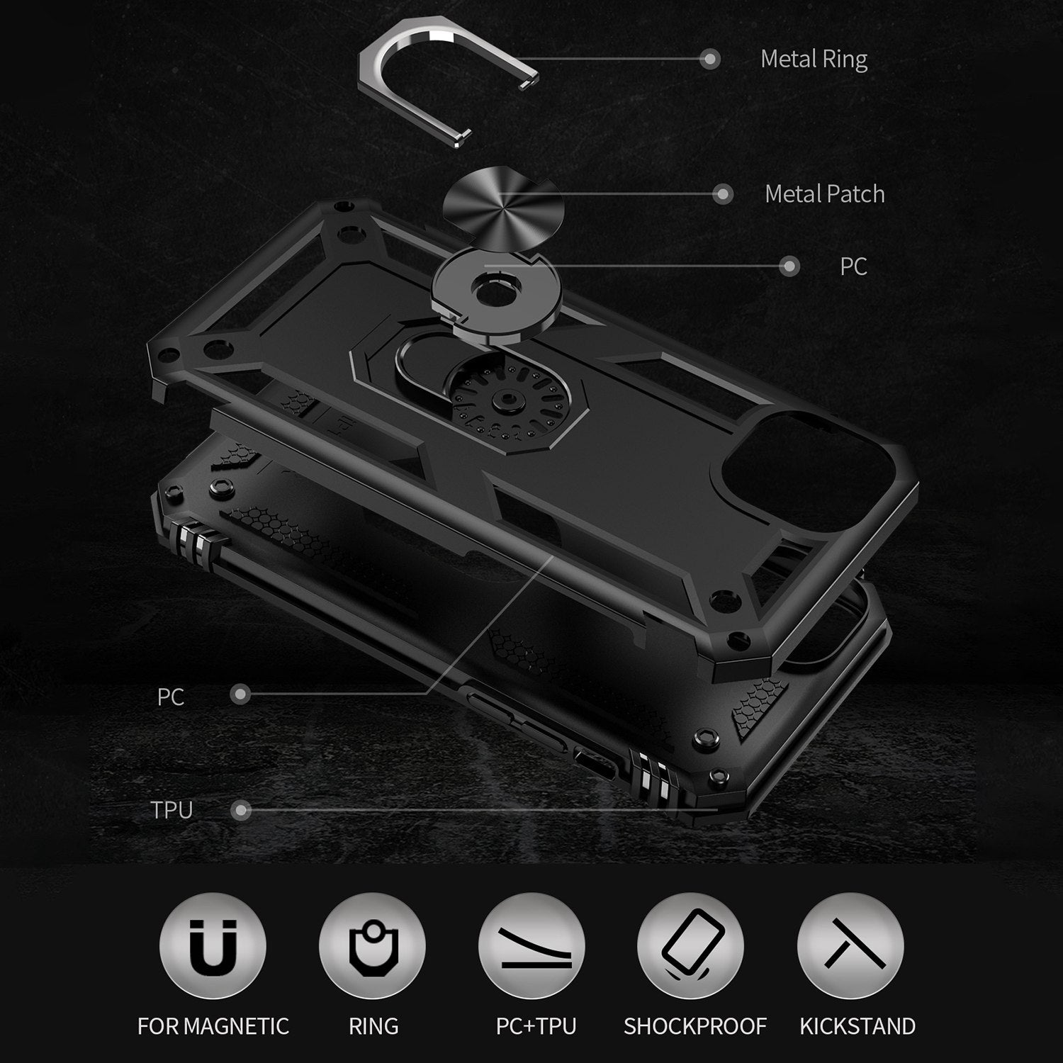 for iPhone 15 Anti-Scratch PC+TPU Cover Kickstand Phone Case with Built-in Magnetic Holder Metal Sheet - Black