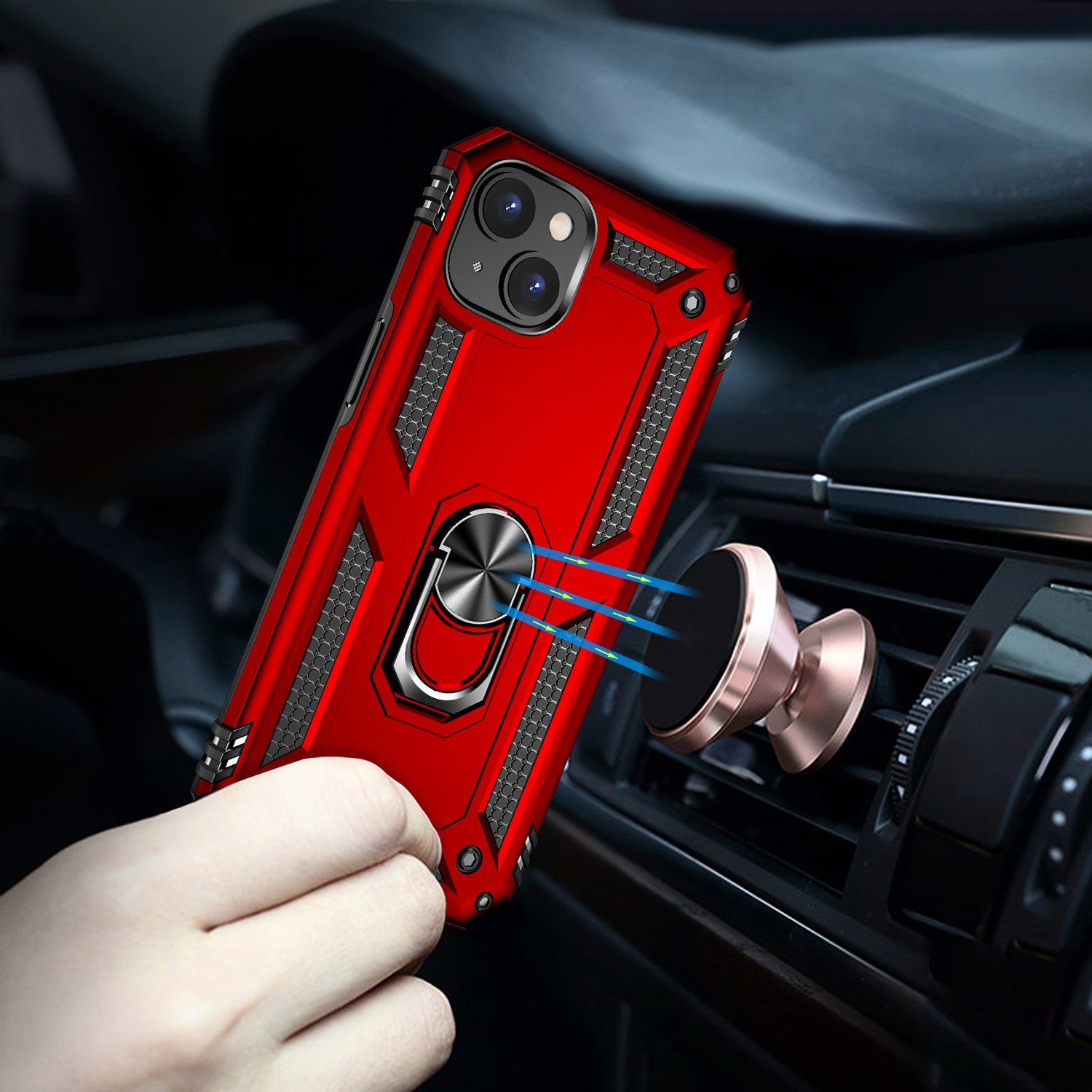 for iPhone 15 Anti-Scratch PC+TPU Cover Kickstand Phone Case with Built-in Magnetic Holder Metal Sheet - Red