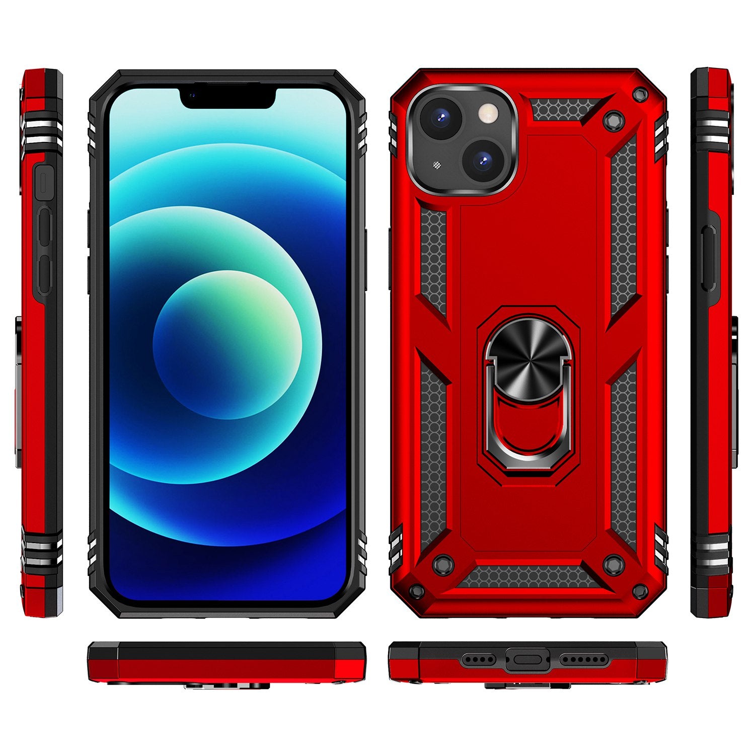for iPhone 15 Anti-Scratch PC+TPU Cover Kickstand Phone Case with Built-in Magnetic Holder Metal Sheet - Red