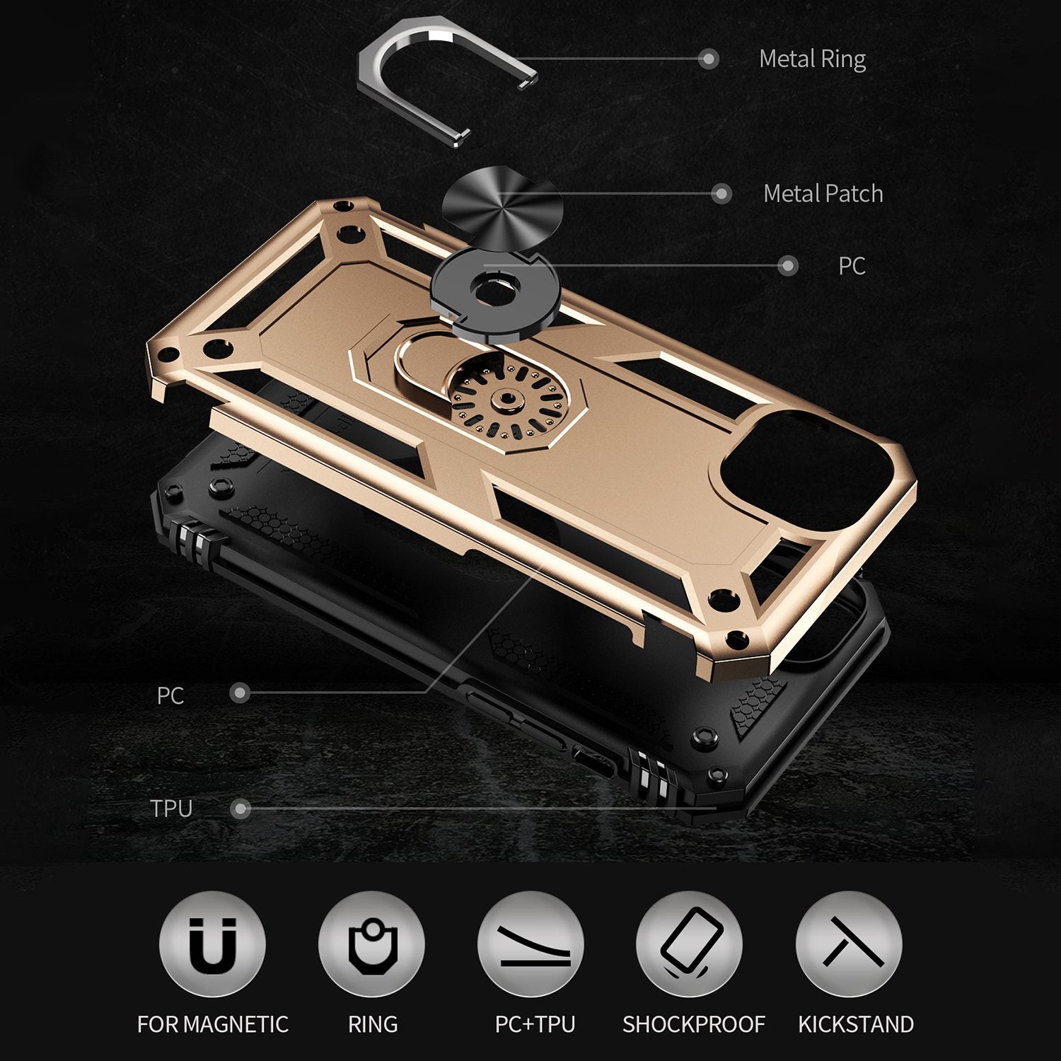 for iPhone 15 Anti-Scratch PC+TPU Cover Kickstand Phone Case with Built-in Magnetic Holder Metal Sheet - Gold