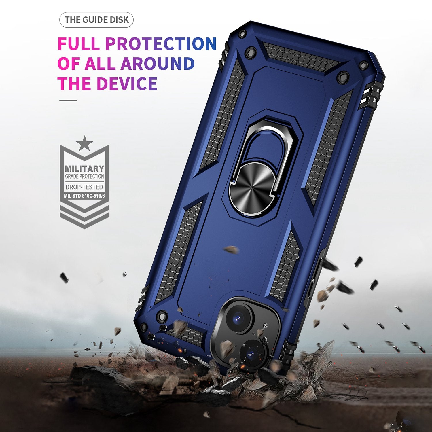 for iPhone 15 Anti-Scratch PC+TPU Cover Kickstand Phone Case with Built-in Magnetic Holder Metal Sheet - Blue