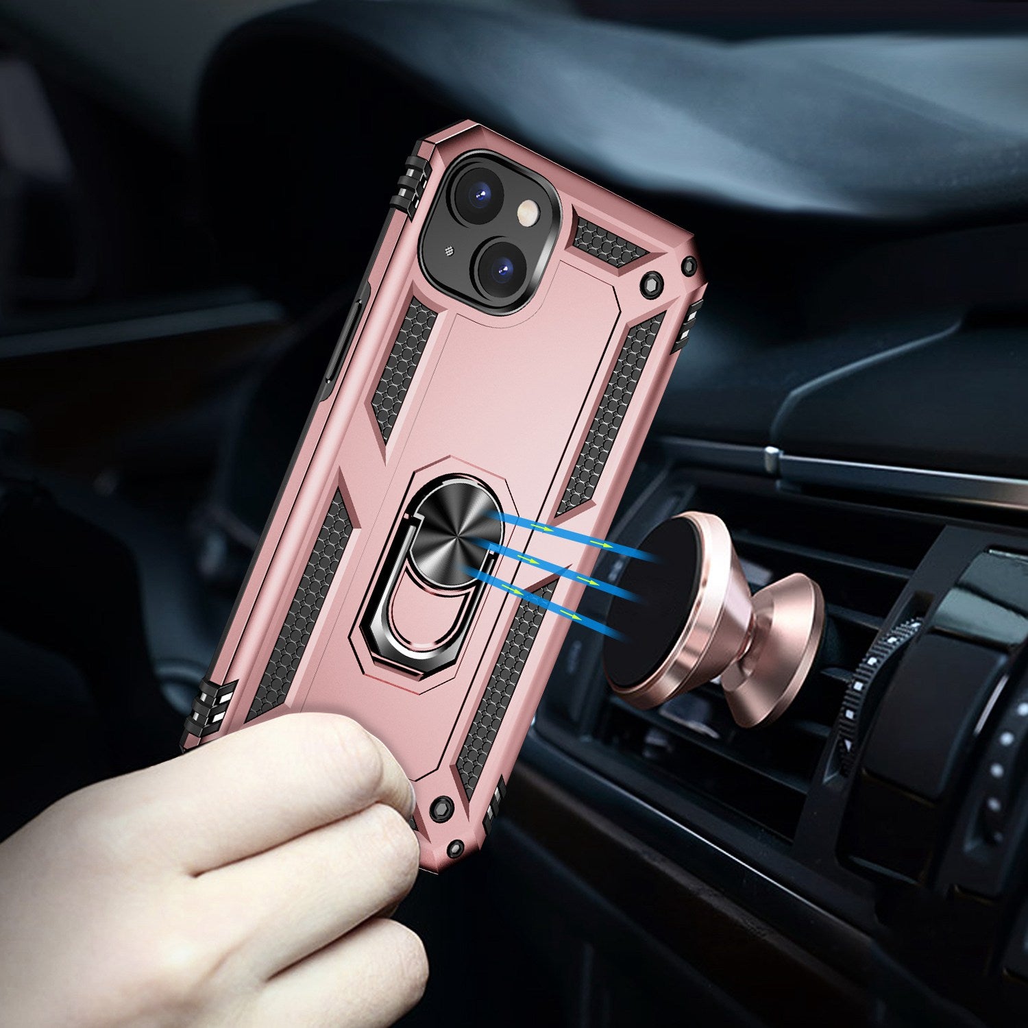 for iPhone 15 Anti-Scratch PC+TPU Cover Kickstand Phone Case with Built-in Magnetic Holder Metal Sheet - Rose Gold
