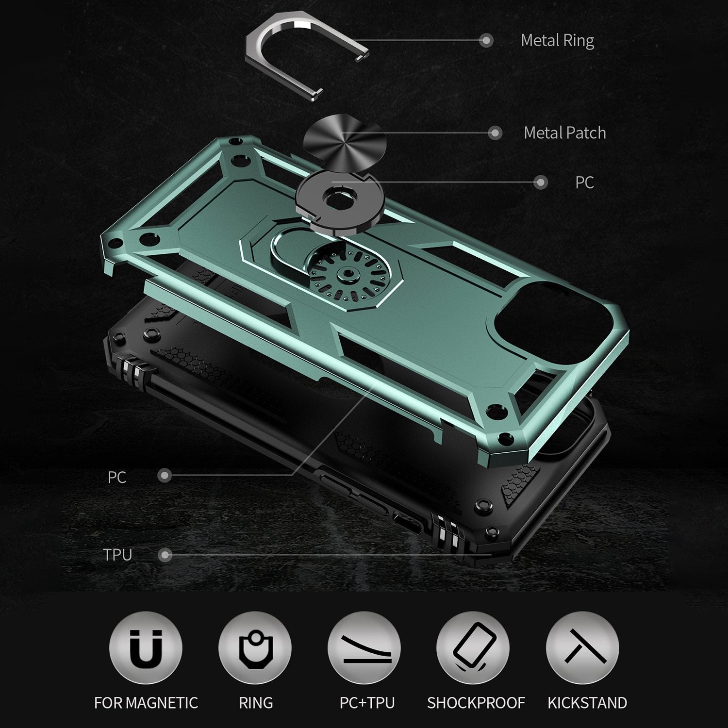 for iPhone 15 Anti-Scratch PC+TPU Cover Kickstand Phone Case with Built-in Magnetic Holder Metal Sheet - Green