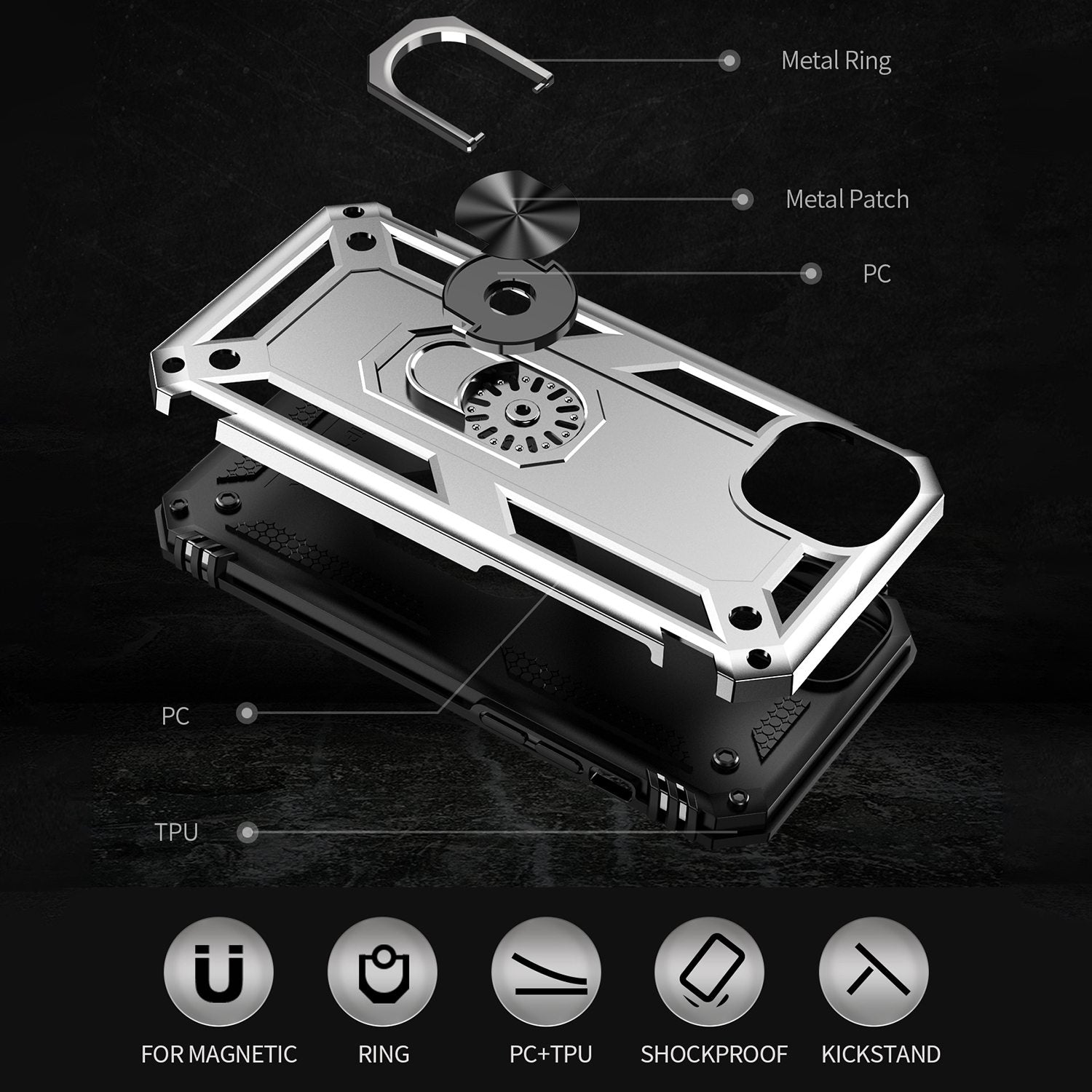 for iPhone 15 Anti-Scratch PC+TPU Cover Kickstand Phone Case with Built-in Magnetic Holder Metal Sheet - Silver