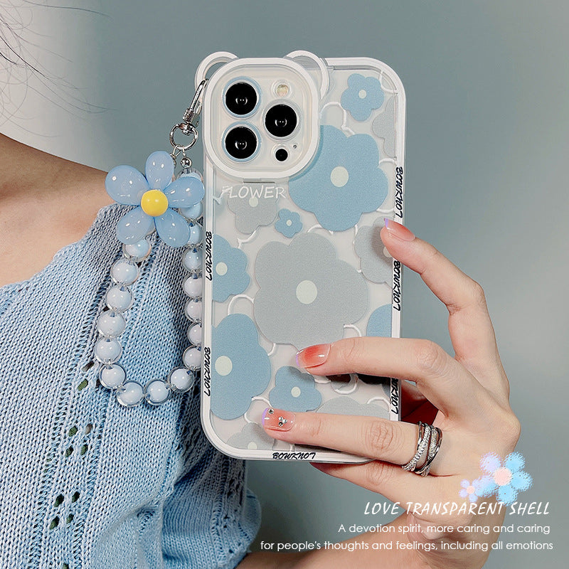 TPU Phone Case for iPhone 14 Pro , Bear Ear Decor Cell Phone Shell Flower Pattern Cover with Bead Strap