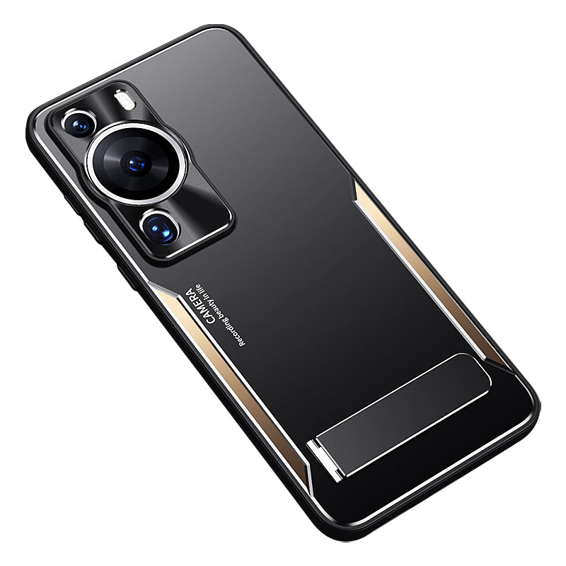 Uniqkart for Huawei P60 Pro Kickstand Phone Cover TPU + Aluminium Alloy Anti-drop Phone Case - Gold
