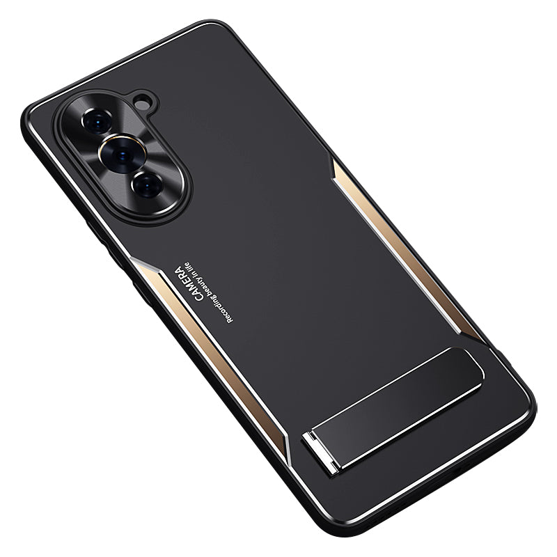 Uniqkart for Huawei nova 10 Pro 4G TPU+Aluminium Alloy Anti-fall Cover Folding Kickstand Phone Case - Gold