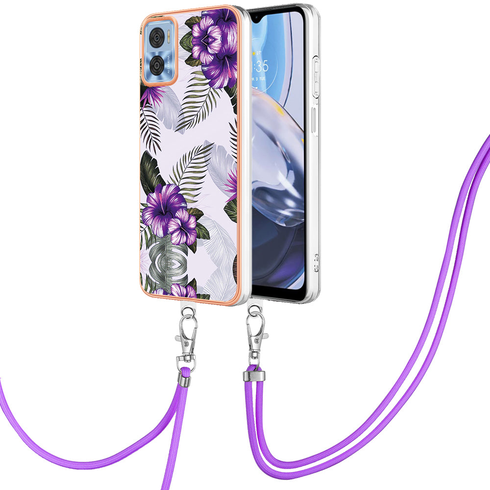 YB IMD Series-4 for Motorola Moto E22 4G Marble Flower Pattern Phone Case Electroplating Soft TPU Cover with Lanyard - Purple Flowers