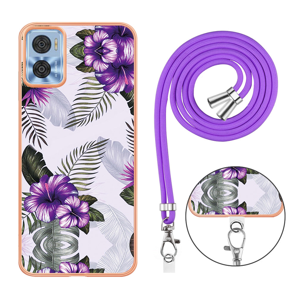 YB IMD Series-4 for Motorola Moto E22 4G Marble Flower Pattern Phone Case Electroplating Soft TPU Cover with Lanyard - Purple Flowers