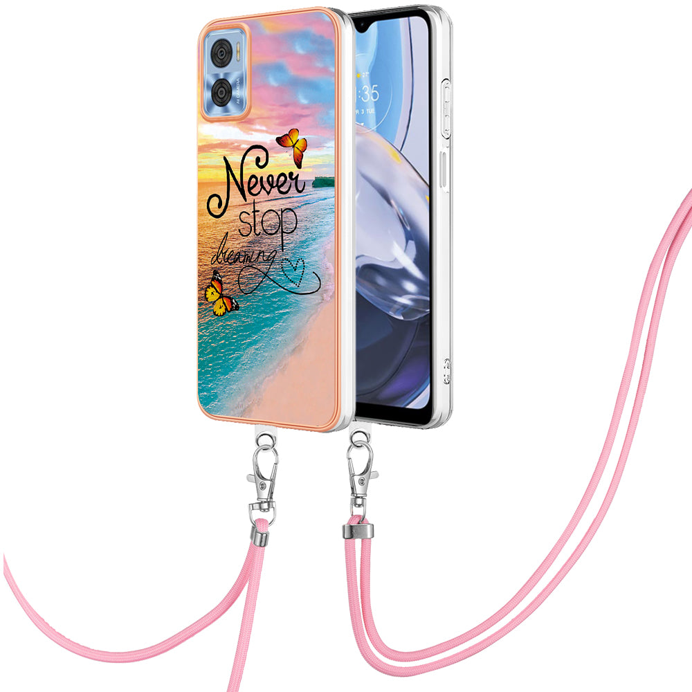 YB IMD Series-4 for Motorola Moto E22 4G Marble Flower Pattern Phone Case Electroplating Soft TPU Cover with Lanyard - Never Stop Dreaming