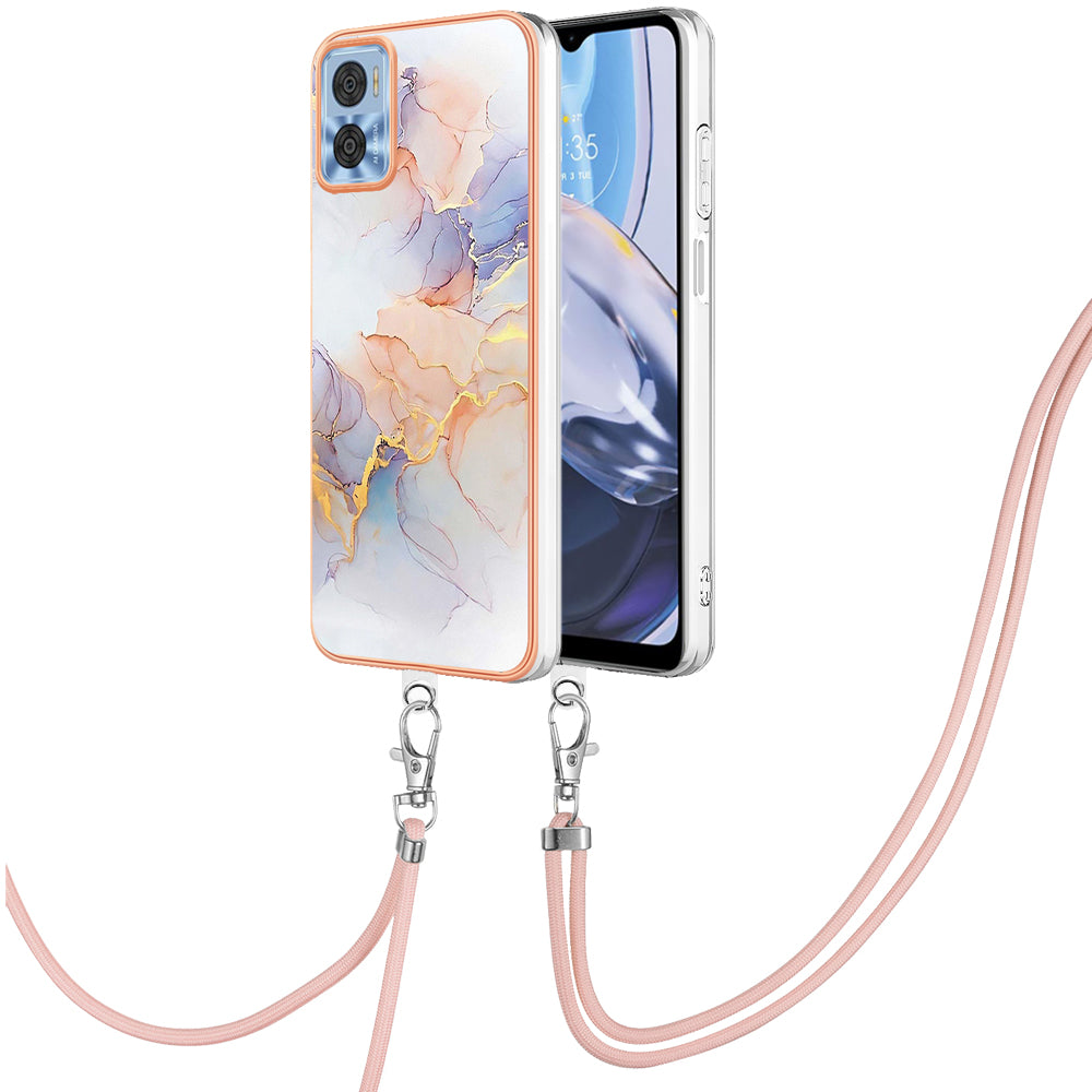YB IMD Series-4 for Motorola Moto E22 4G Marble Flower Pattern Phone Case Electroplating Soft TPU Cover with Lanyard - Milky Way Marble White