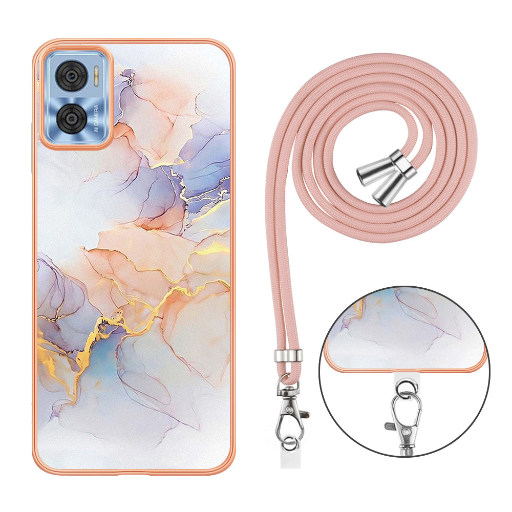 YB IMD Series-4 for Motorola Moto E22 4G Marble Flower Pattern Phone Case Electroplating Soft TPU Cover with Lanyard - Milky Way Marble White