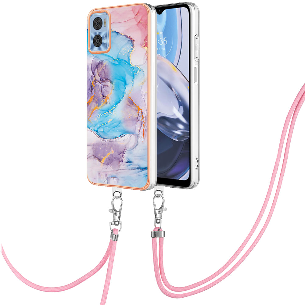 YB IMD Series-4 for Motorola Moto E22 4G Marble Flower Pattern Phone Case Electroplating Soft TPU Cover with Lanyard - Milky Way Marble Blue