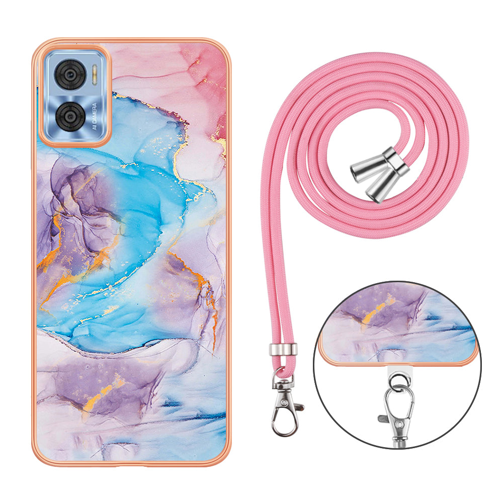 YB IMD Series-4 for Motorola Moto E22 4G Marble Flower Pattern Phone Case Electroplating Soft TPU Cover with Lanyard - Milky Way Marble Blue