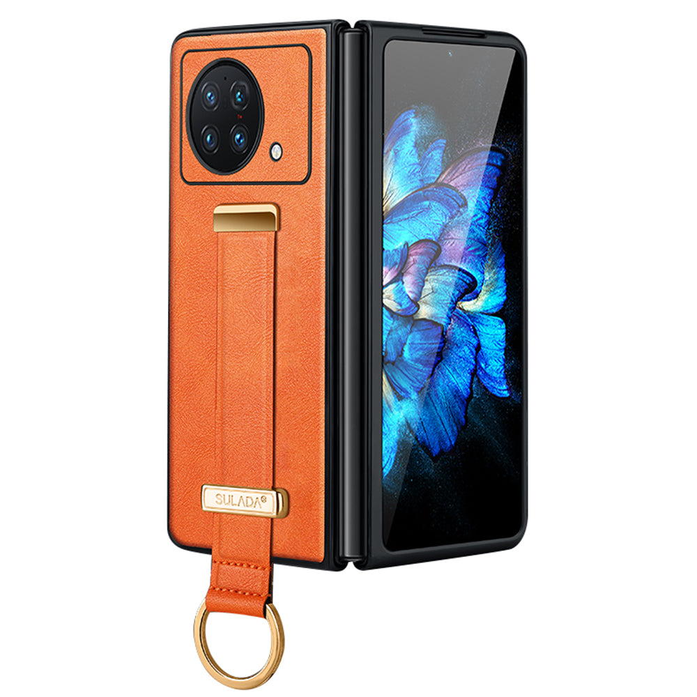 Uniqkart Fashion Series for vivo X Fold Wristband Kickstand Phone Case PU Leather+PC Anti-Scratch Cover - Orange