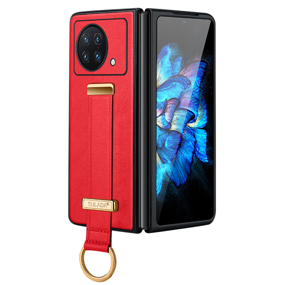 Uniqkart Fashion Series for vivo X Fold Wristband Kickstand Phone Case PU Leather+PC Anti-Scratch Cover - Red