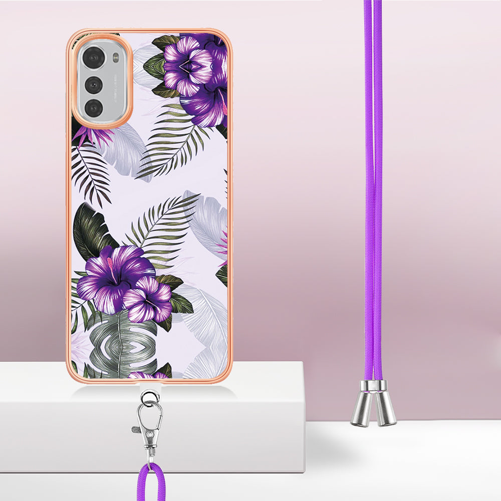 YB IMD Series-4 TPU Phone Case for Motorola Moto E32 4G , Electroplated Marble Flower Pattern IMD Cover with Lanyard - Purple Flowers
