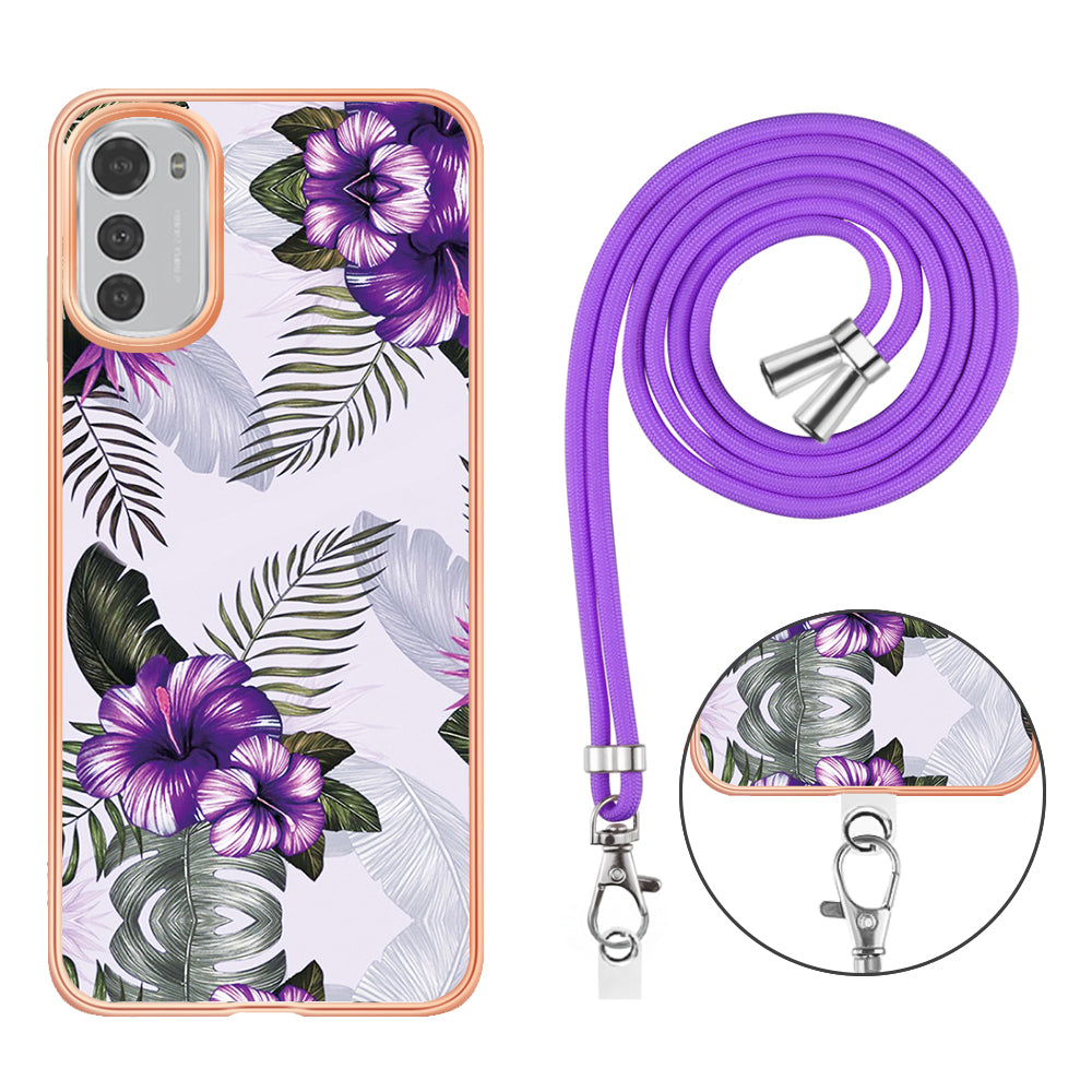 YB IMD Series-4 TPU Phone Case for Motorola Moto E32 4G , Electroplated Marble Flower Pattern IMD Cover with Lanyard - Purple Flowers