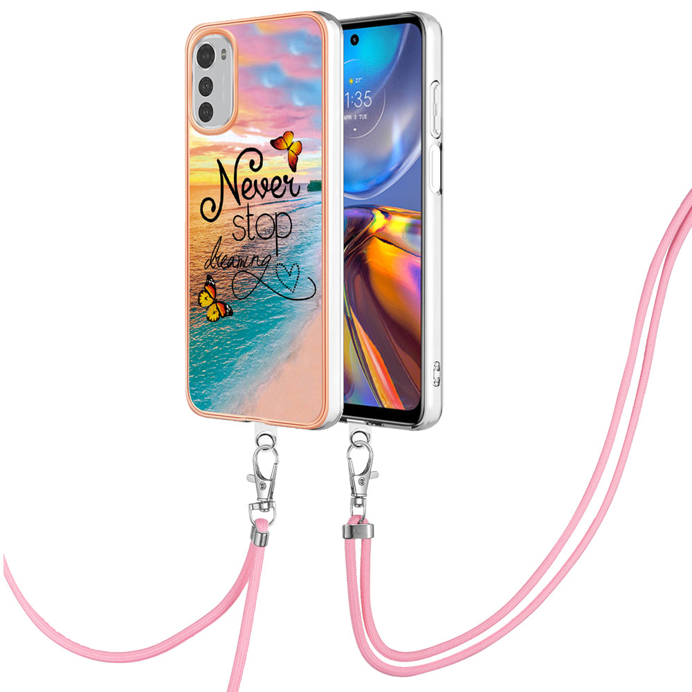YB IMD Series-4 TPU Phone Case for Motorola Moto E32 4G , Electroplated Marble Flower Pattern IMD Cover with Lanyard - Never Stop Dreaming