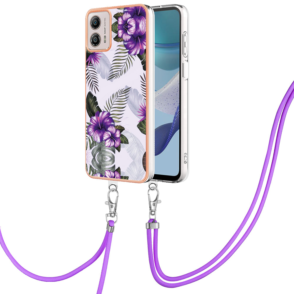 YB IMD Series-4 for Motorola Moto G53 5G / G13 4G Electroplating Case IMD Marble Flower Pattern TPU Phone Cover with Lanyard - Purple Flowers