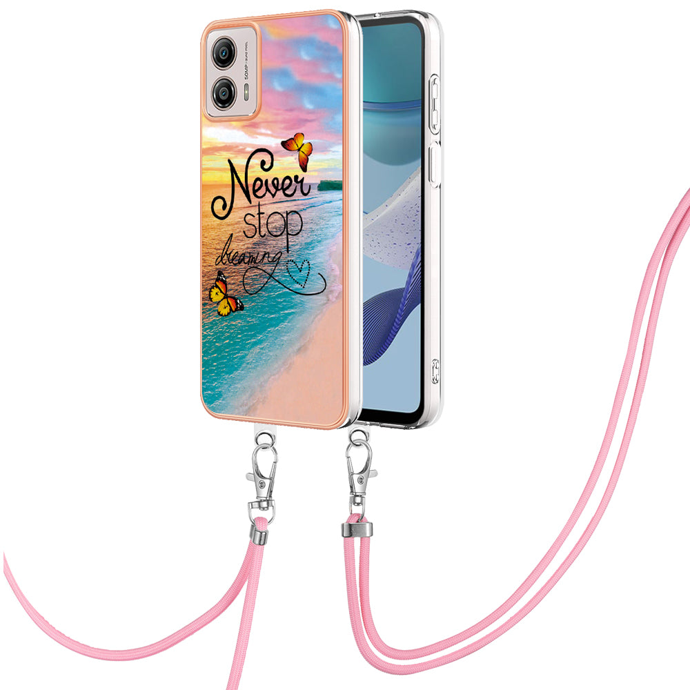YB IMD Series-4 for Motorola Moto G53 5G / G13 4G Electroplating Case IMD Marble Flower Pattern TPU Phone Cover with Lanyard - Never Stop Dreaming