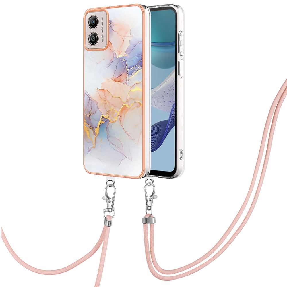 YB IMD Series-4 for Motorola Moto G53 5G / G13 4G Electroplating Case IMD Marble Flower Pattern TPU Phone Cover with Lanyard - Milky Way Marble White