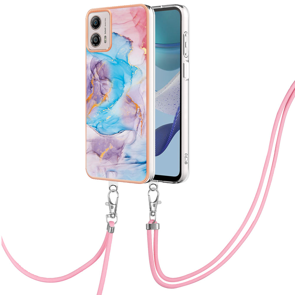 YB IMD Series-4 for Motorola Moto G53 5G / G13 4G Electroplating Case IMD Marble Flower Pattern TPU Phone Cover with Lanyard - Milky Way Marble Blue