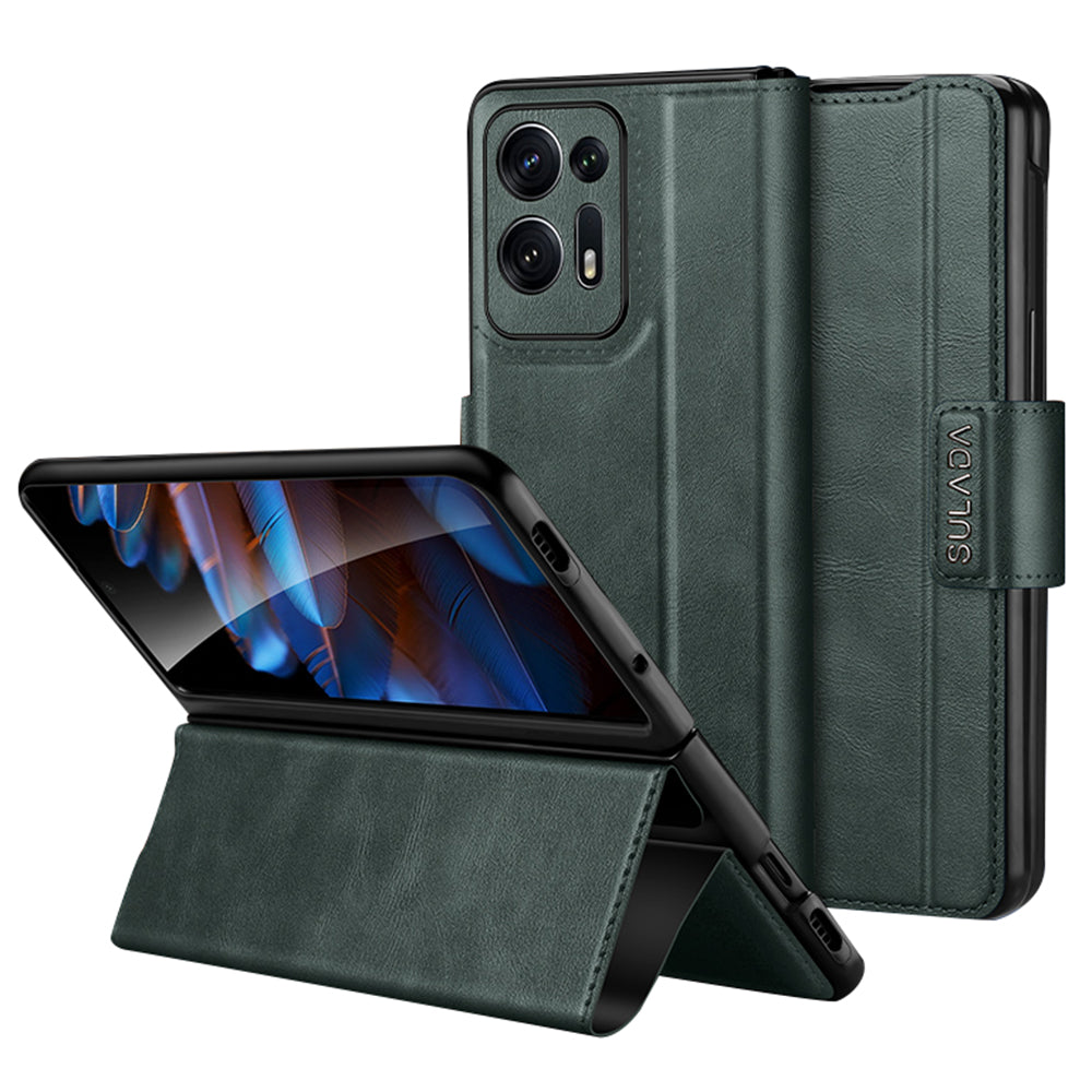 Uniqkart For Oppo Find N2 5G PU Leather+Hard PC Phone Case Stand Shockproof Cover - Midnight Green