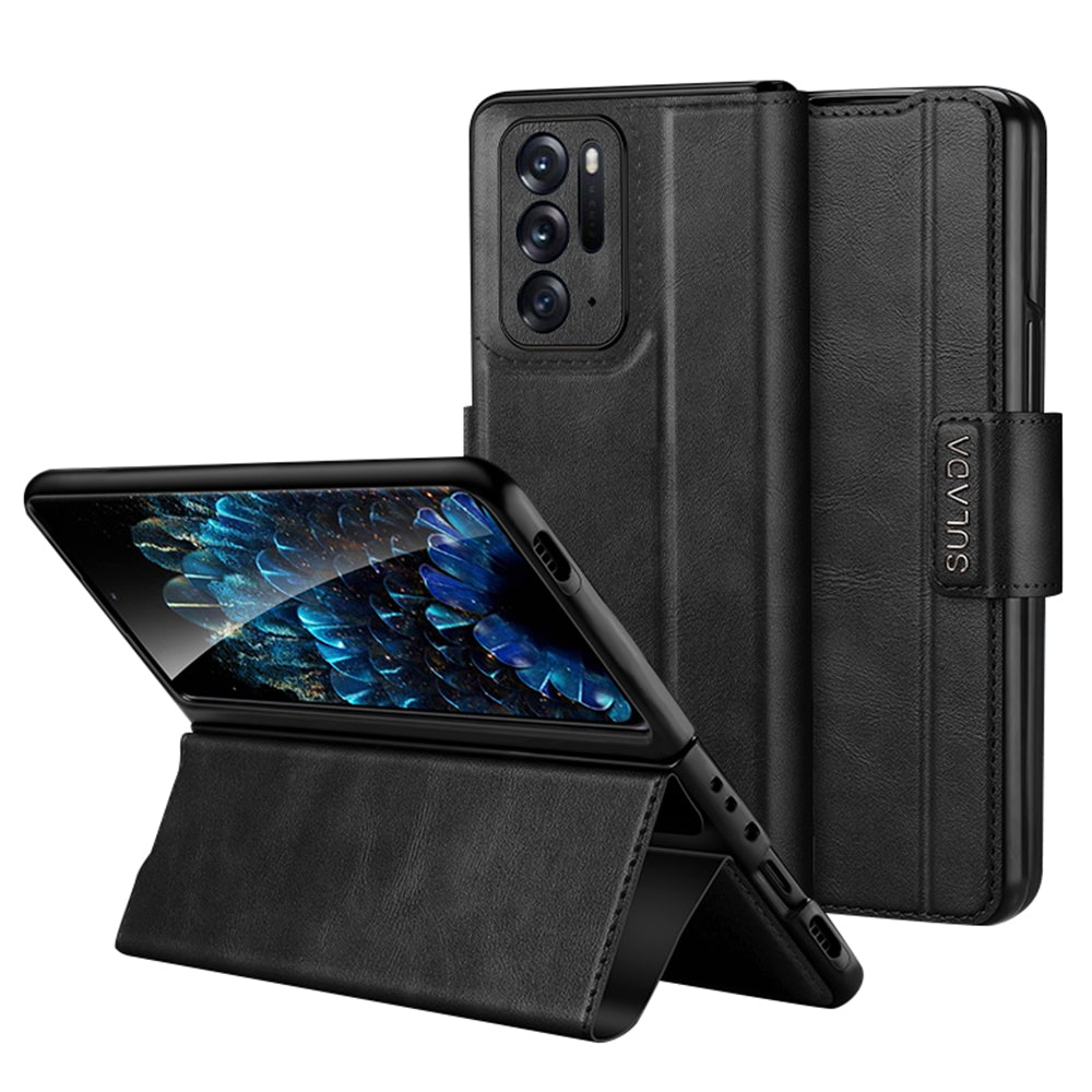 Uniqkart For Oppo Find N Protective Case PU Leather+PC Cover Anti-Drop Stand Phone Case - Black