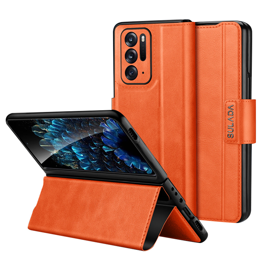 Uniqkart For Oppo Find N Protective Case PU Leather+PC Cover Anti-Drop Stand Phone Case - Orange