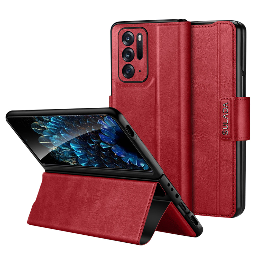 Uniqkart For Oppo Find N Protective Case PU Leather+PC Cover Anti-Drop Stand Phone Case - Red