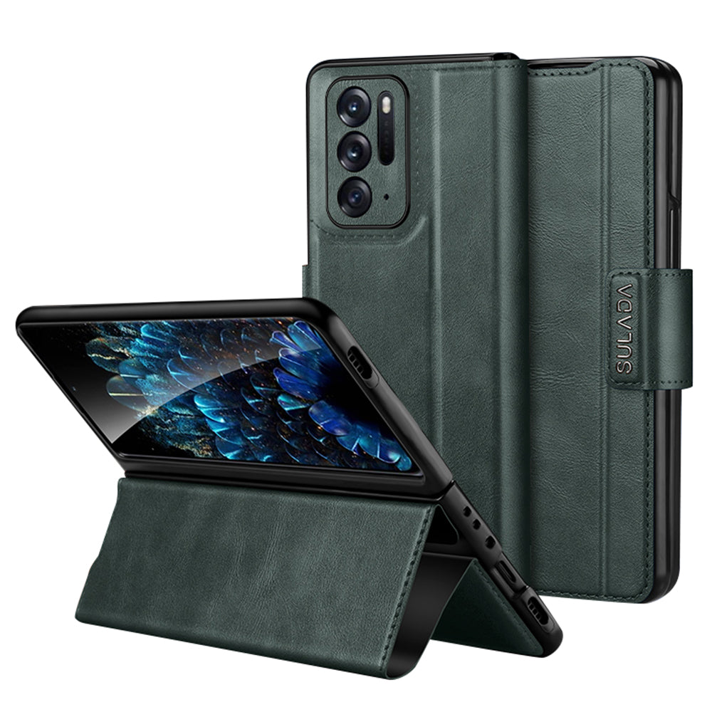 Uniqkart For Oppo Find N Protective Case PU Leather+PC Cover Anti-Drop Stand Phone Case - Midnight Green