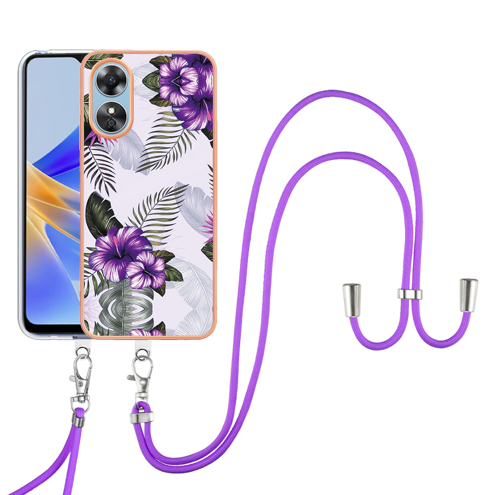 YB IMD Series-4 for Oppo A17 4G Marble Flower Pattern Design Case IMD TPU Electroplating Phone Cover with Lanyard - Purple Flowers