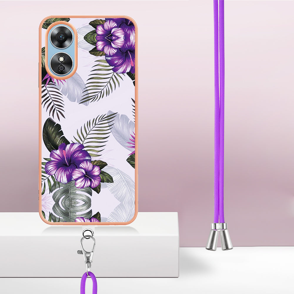 YB IMD Series-4 for Oppo A17 4G Marble Flower Pattern Design Case IMD TPU Electroplating Phone Cover with Lanyard - Purple Flowers