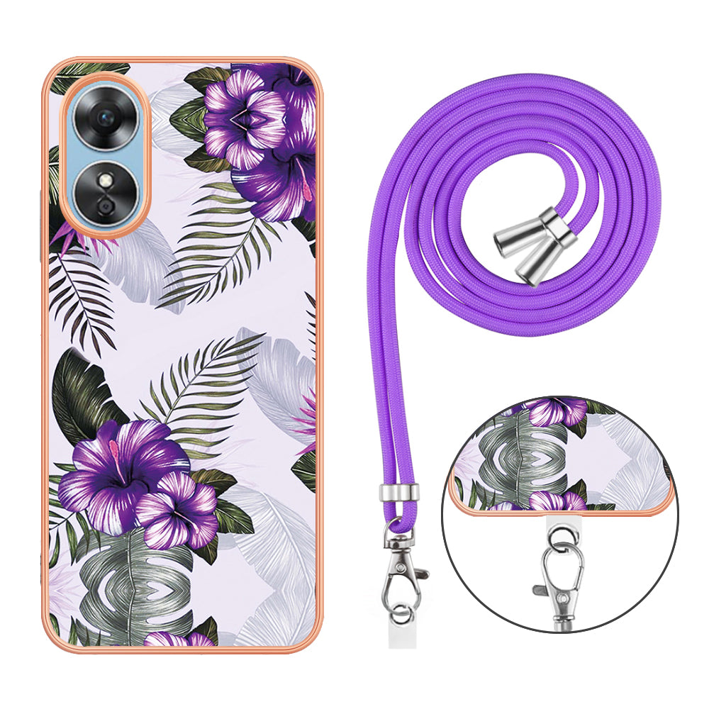 YB IMD Series-4 for Oppo A17 4G Marble Flower Pattern Design Case IMD TPU Electroplating Phone Cover with Lanyard - Purple Flowers