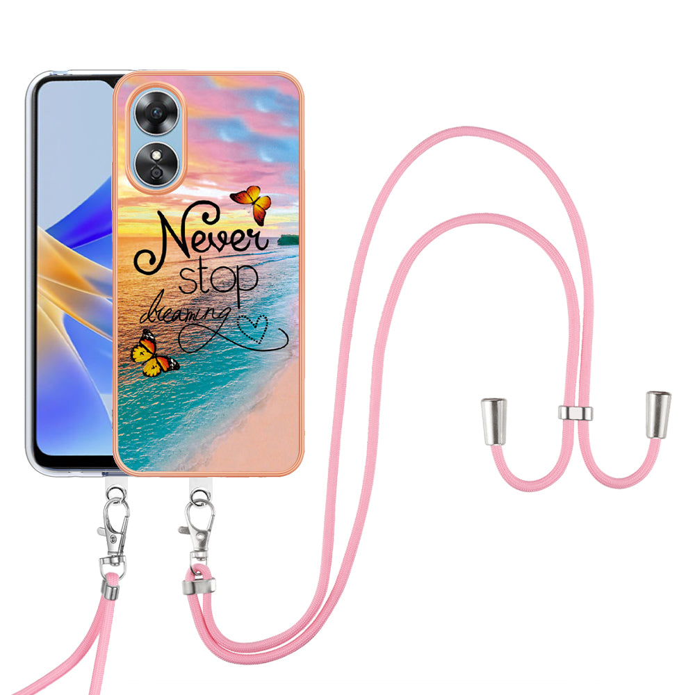 YB IMD Series-4 for Oppo A17 4G Marble Flower Pattern Design Case IMD TPU Electroplating Phone Cover with Lanyard - Never Stop Dreaming