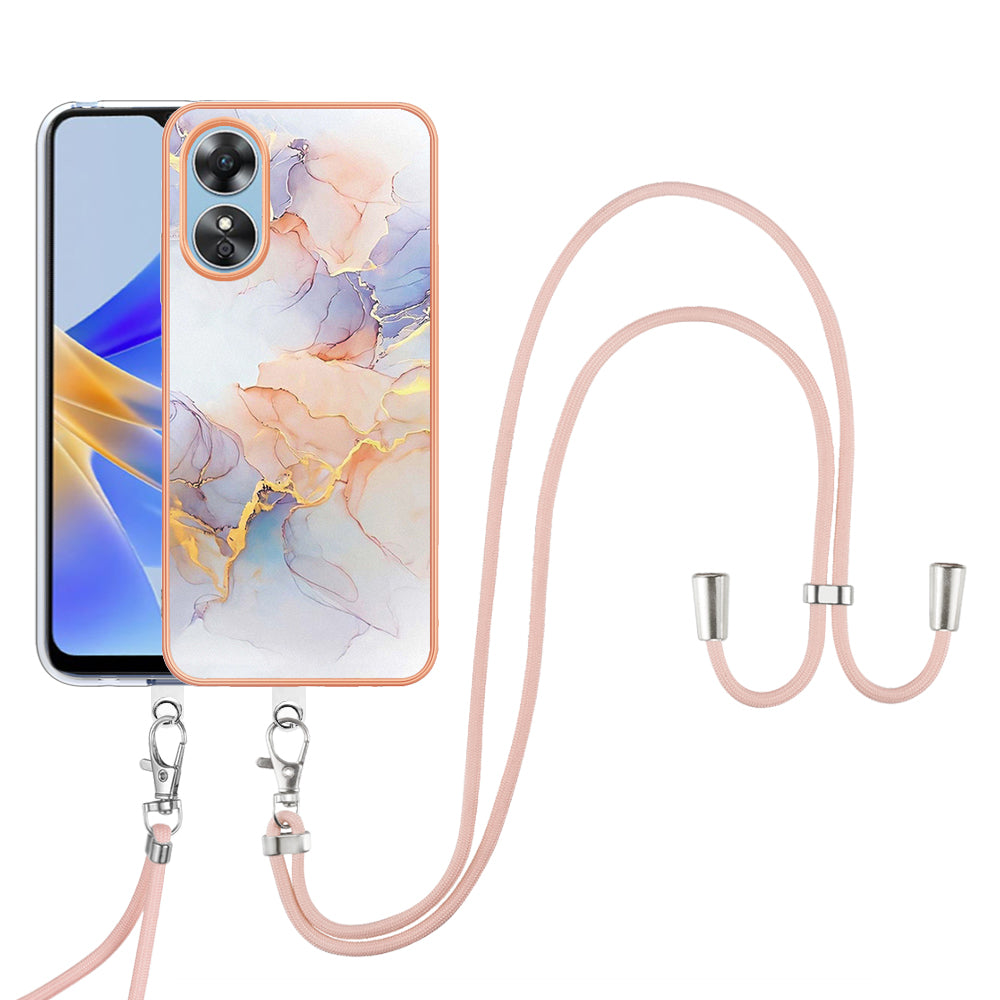 YB IMD Series-4 for Oppo A17 4G Marble Flower Pattern Design Case IMD TPU Electroplating Phone Cover with Lanyard - Milky Way Marble White